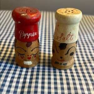 Vintage Wooden Salt and Pepper Shakers - Red and Cream